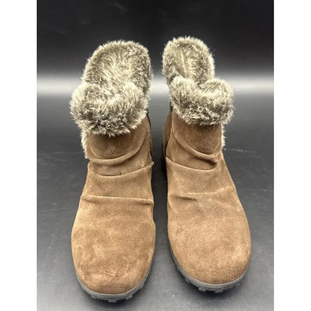Khombu Women’s Lisa Shearling Winter Ankle Brown Suede Zip Faux Fur Trim Boots 8
